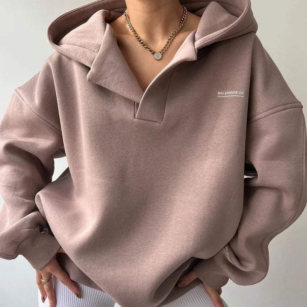 Felpa con cappuccio oversize da donna accogliente - Intaglio a V squadrato, pile