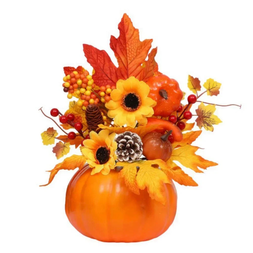 Magia d'autunno | Zucca decorativa con fiori artificiali | 25| 30cm| Decorazioni autunnali e di Halloween