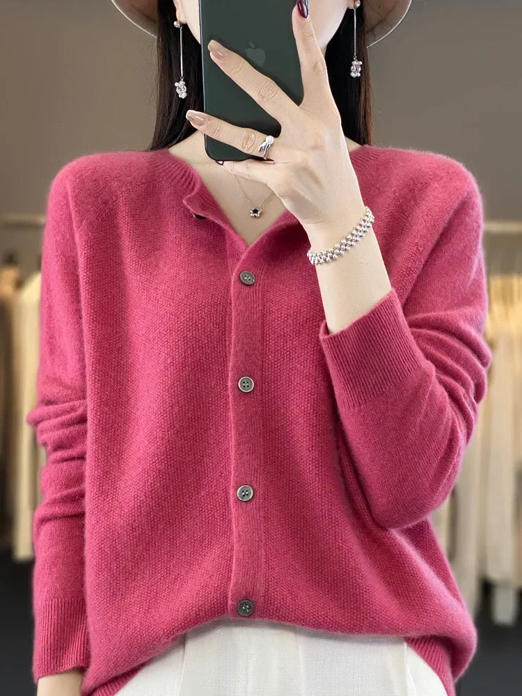 Maglione cardigan con scollo a O chic primaverile - Top lavorato a maglia da donna in lana merino al 100%.