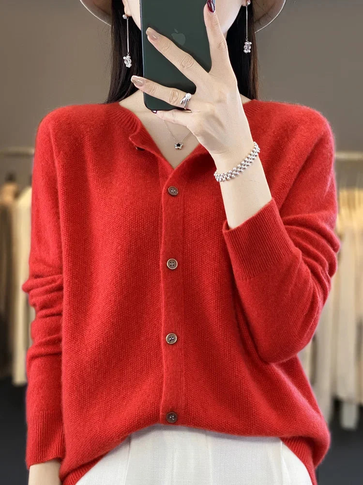 Maglione cardigan con scollo a O chic primaverile - Top lavorato a maglia da donna in lana merino al 100%.
