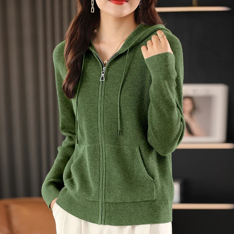 Cardigan/maglione con cerniera e cappuccio in misto lana Lana | Cappotto lavorato a maglia spessa per l'autunno e l'inverno