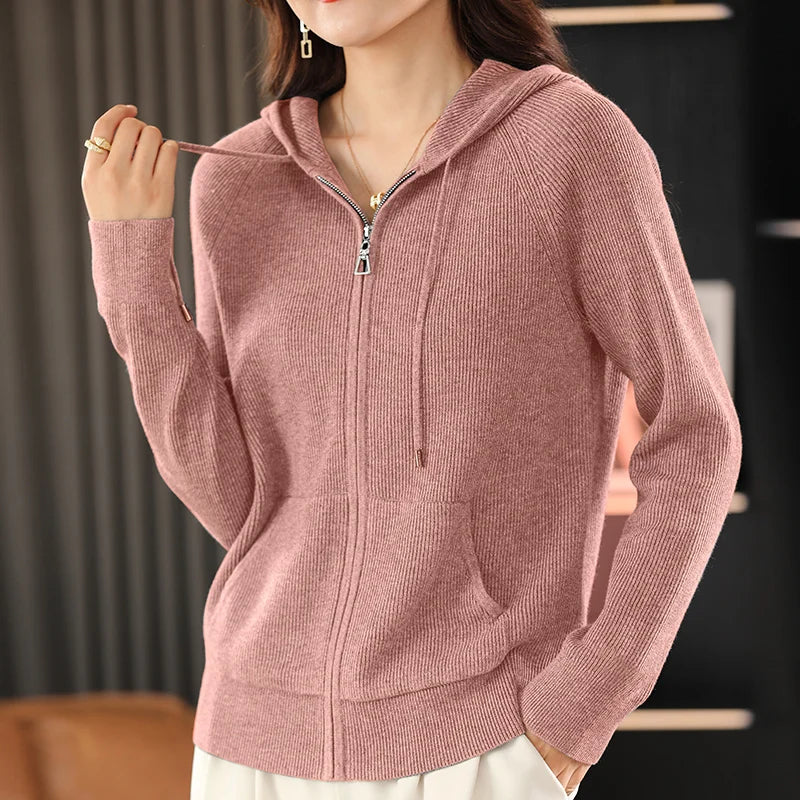 Cardigan/maglione con cerniera e cappuccio in misto lana Lana | Cappotto lavorato a maglia spessa per l'autunno e l'inverno
