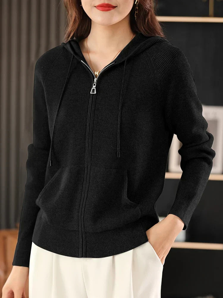 Cardigan/maglione con cerniera e cappuccio in misto lana Lana | Cappotto lavorato a maglia spessa per l'autunno e l'inverno