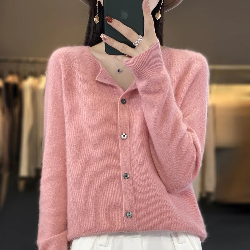 Cardigan ampio in pura lana 100% - Maglione girocollo autunno/inverno da donna