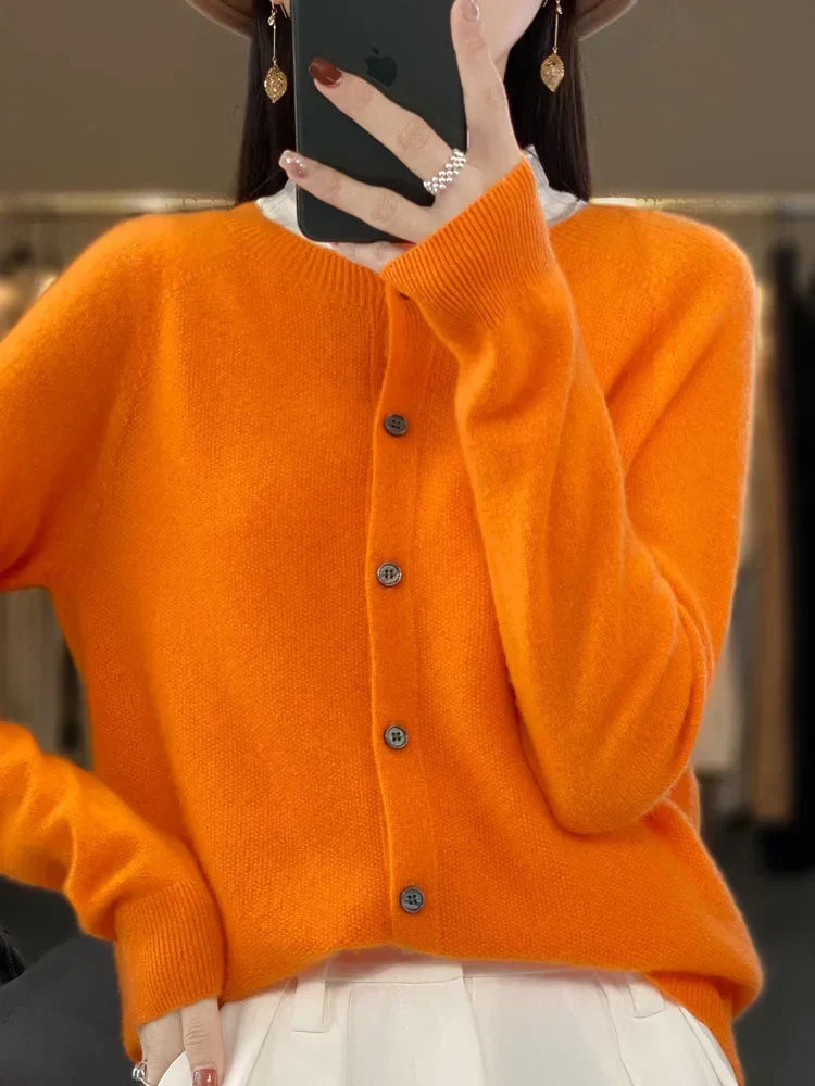 Maglione cardigan con scollo a O chic primaverile - Top lavorato a maglia da donna in lana merino al 100%.