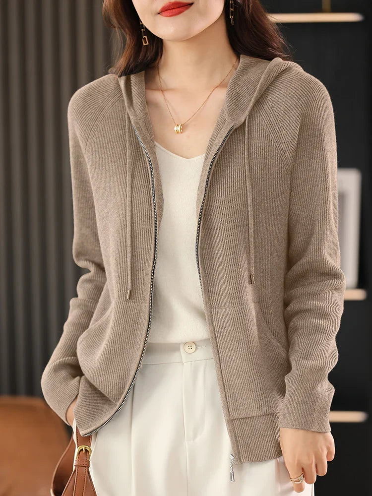 Cardigan/maglione con cerniera e cappuccio in misto lana Lana | Cappotto lavorato a maglia spessa per l'autunno e l'inverno