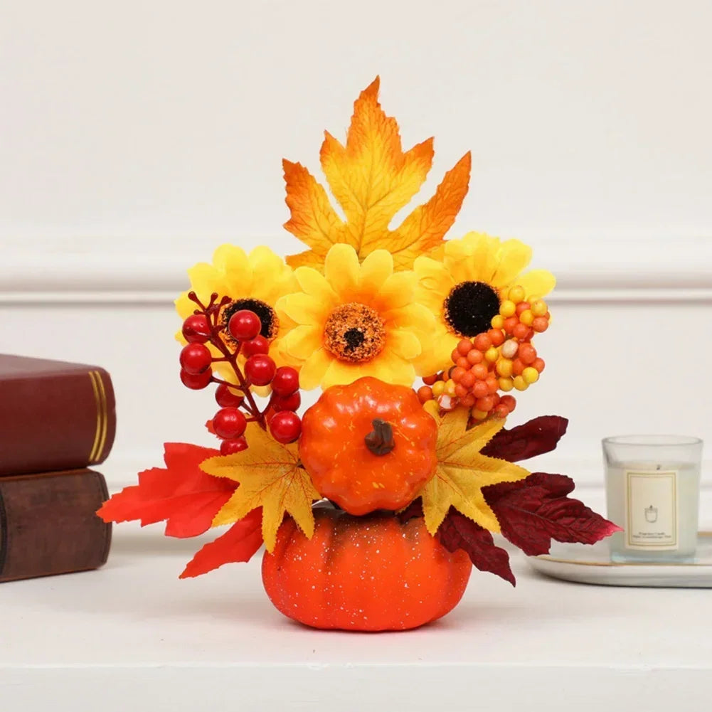 Magia d'autunno | Zucca decorativa con fiori artificiali | 25| 30cm| Decorazioni autunnali e di Halloween