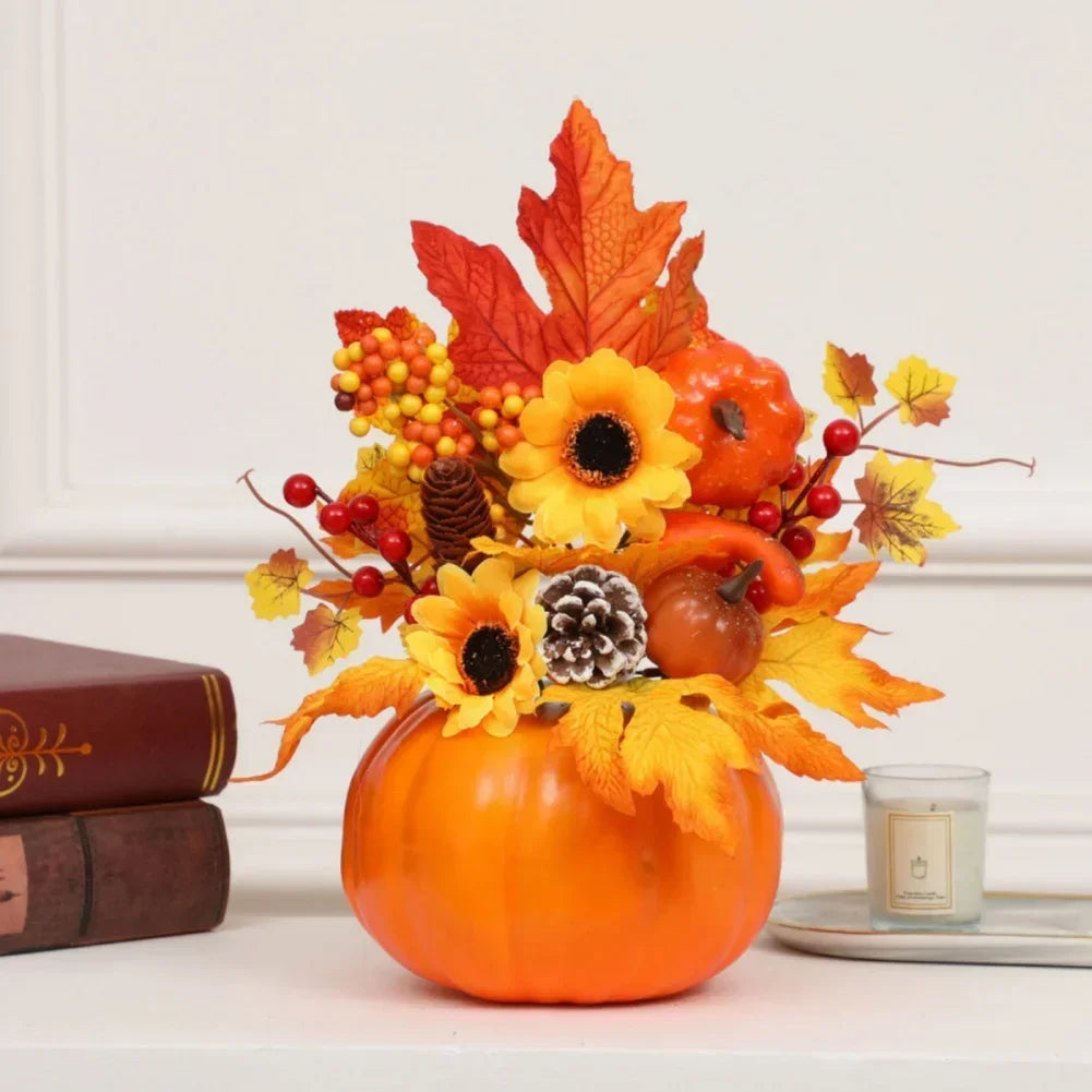 Magia d'autunno | Zucca decorativa con fiori artificiali | 25| 30cm| Decorazioni autunnali e di Halloween