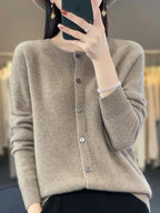 Maglione cardigan con scollo a O chic primaverile - Top lavorato a maglia da donna in lana merino al 100%.