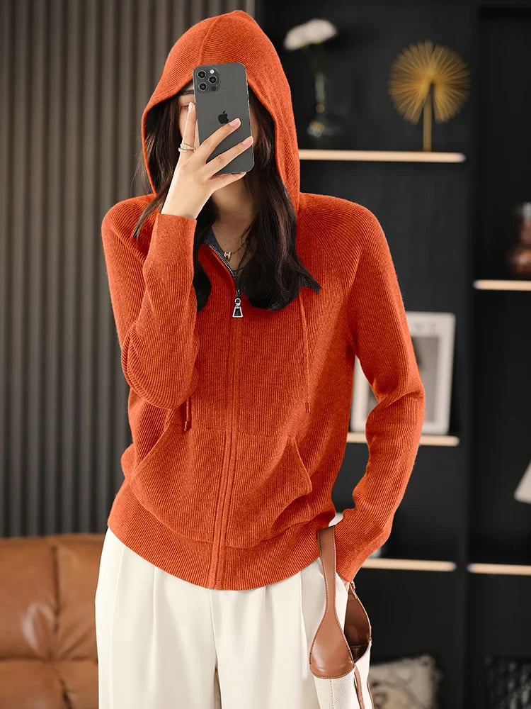 Cardigan/maglione con cerniera e cappuccio in misto lana Lana | Cappotto lavorato a maglia spessa per l'autunno e l'inverno