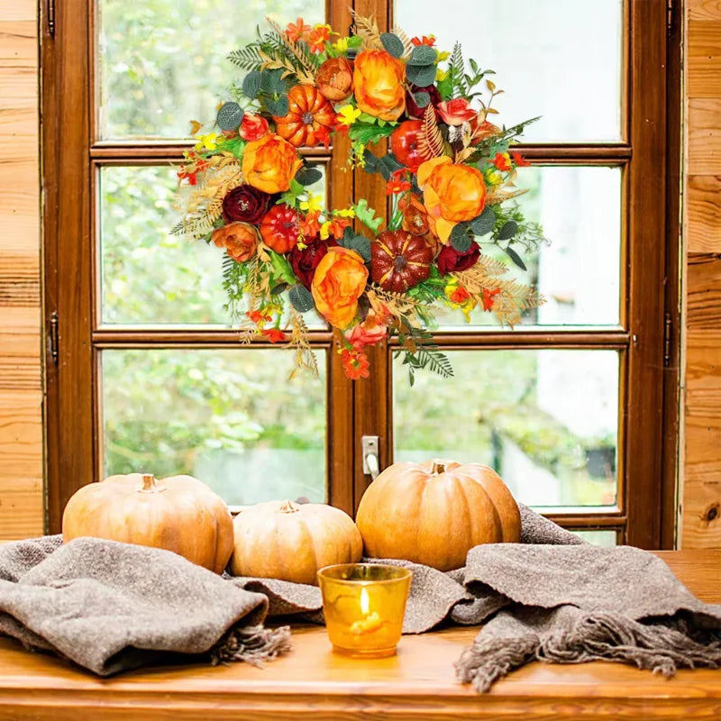Fascino Autumna Ghirlanda per porta autunnale | Zucca e rattan | 40cm| Decorazione fatta a mano per l'autunno e il Ringraziamento