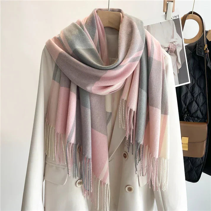 Sciarpa oversize da donna a quadri - Morbida lana, invernale con frange