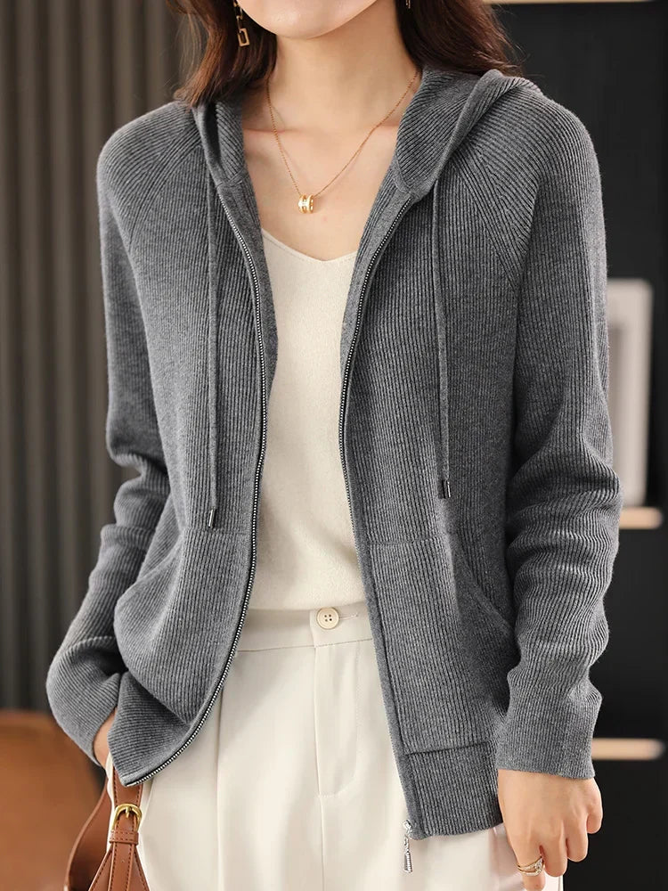 Cardigan/maglione con cerniera e cappuccio in misto lana Lana | Cappotto lavorato a maglia spessa per l'autunno e l'inverno