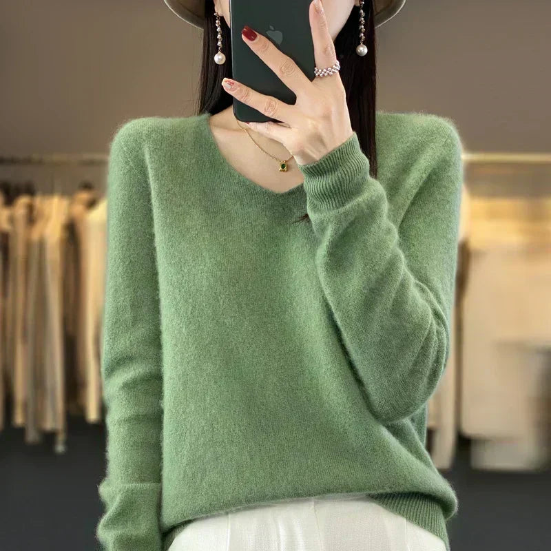 Maglione da donna con scollo a V in lana merino Aurelle, essenziale per tutti i giorni