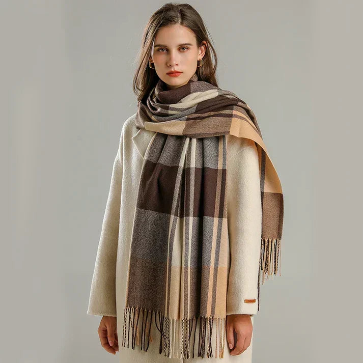 Sciarpa oversize da donna a quadri - Morbida lana, invernale con frange