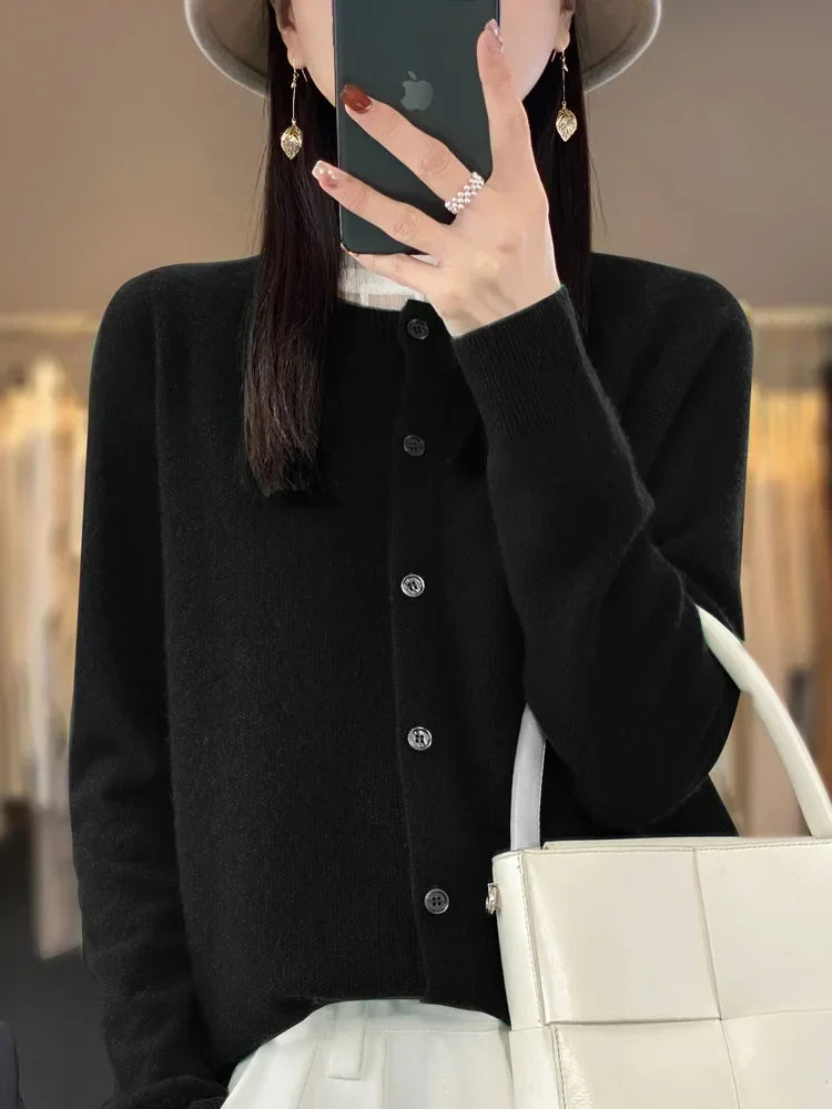 Maglione cardigan con scollo a O chic primaverile - Top lavorato a maglia da donna in lana merino al 100%.
