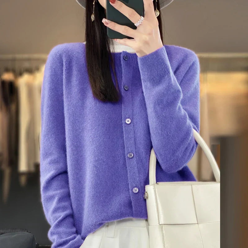 Cardigan ampio in pura lana 100% - Maglione girocollo autunno/inverno da donna