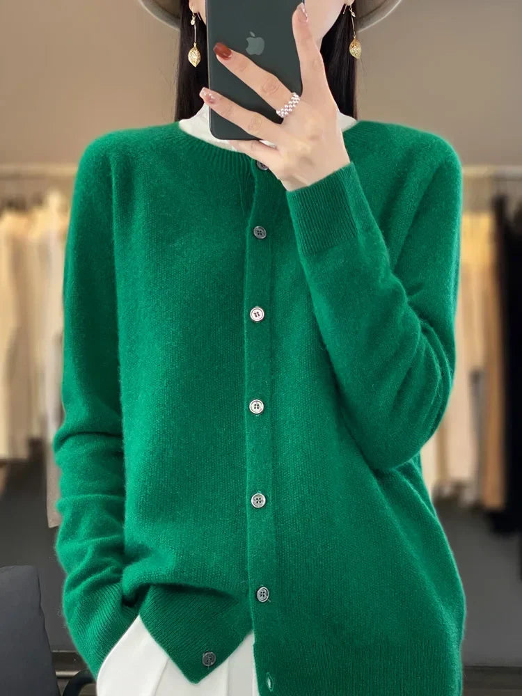 Maglione cardigan con scollo a O chic primaverile - Top lavorato a maglia da donna in lana merino al 100%.