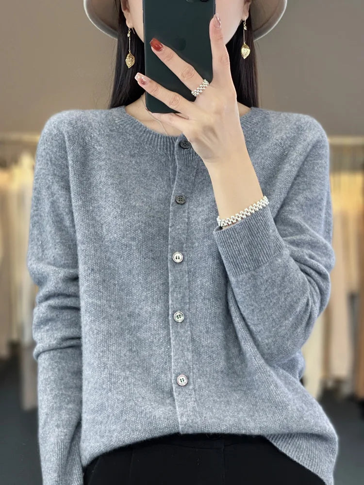 Maglione cardigan con scollo a O chic primaverile - Top lavorato a maglia da donna in lana merino al 100%.