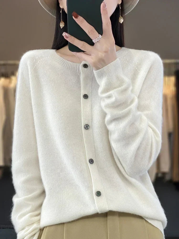 Maglione cardigan con scollo a O chic primaverile - Top lavorato a maglia da donna in lana merino al 100%.