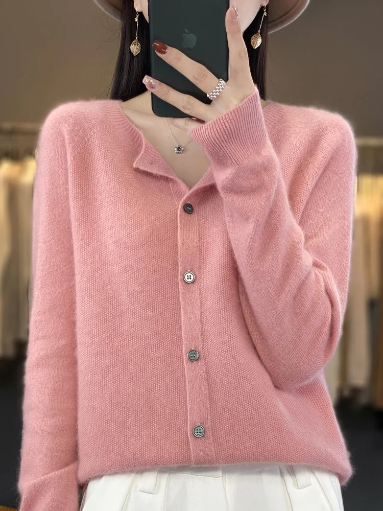 Maglione cardigan con scollo a O chic primaverile - Top lavorato a maglia da donna in lana merino al 100%.