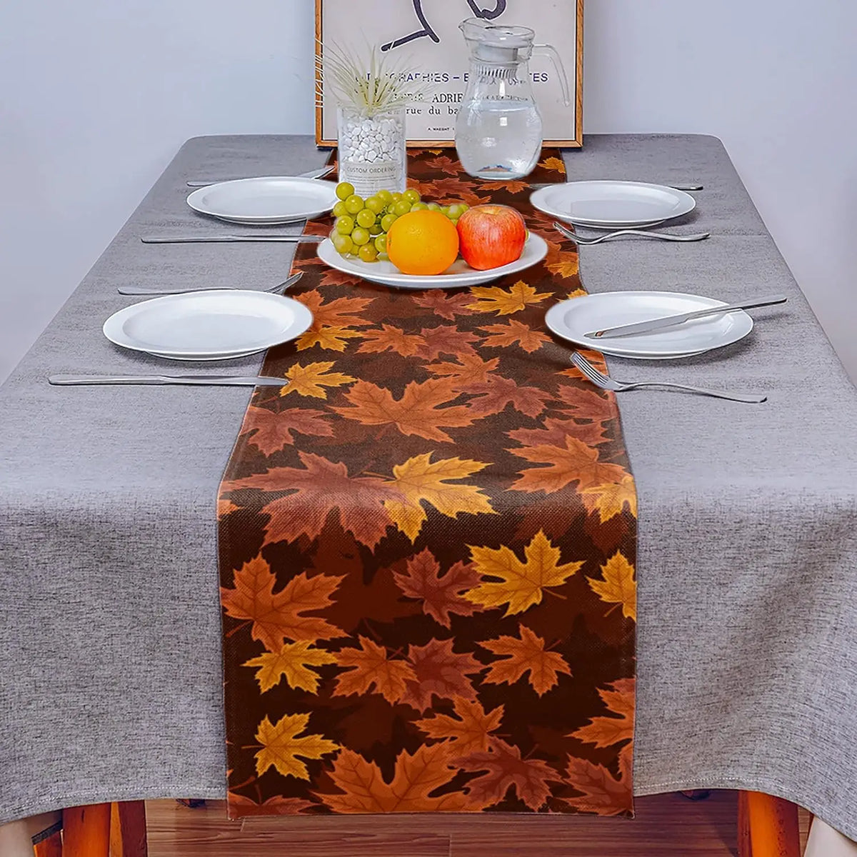 Runner da tavola Autumna LeafRunner in lino | Decorazione autunnale con foglia d'acero | Lavabile e durevole | 150| 200×33 centimetri