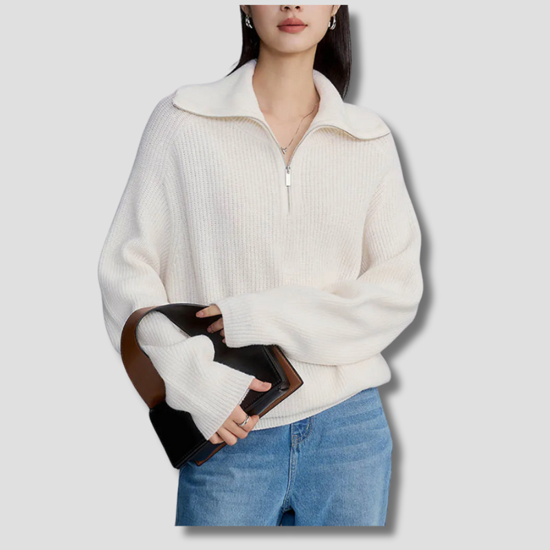 Maglione lavorato a maglia con mezza zip | Pullover in misto cashmere a coste