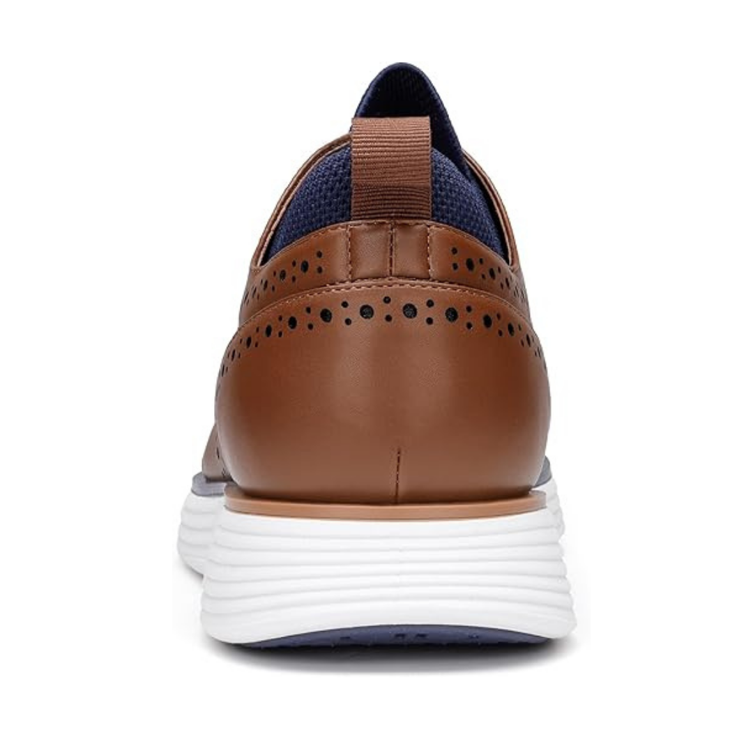 Scarpe Stringate Uomo Brogue Pelle Marrone con Inserti Maglia Blu e Suola Bianca Alta