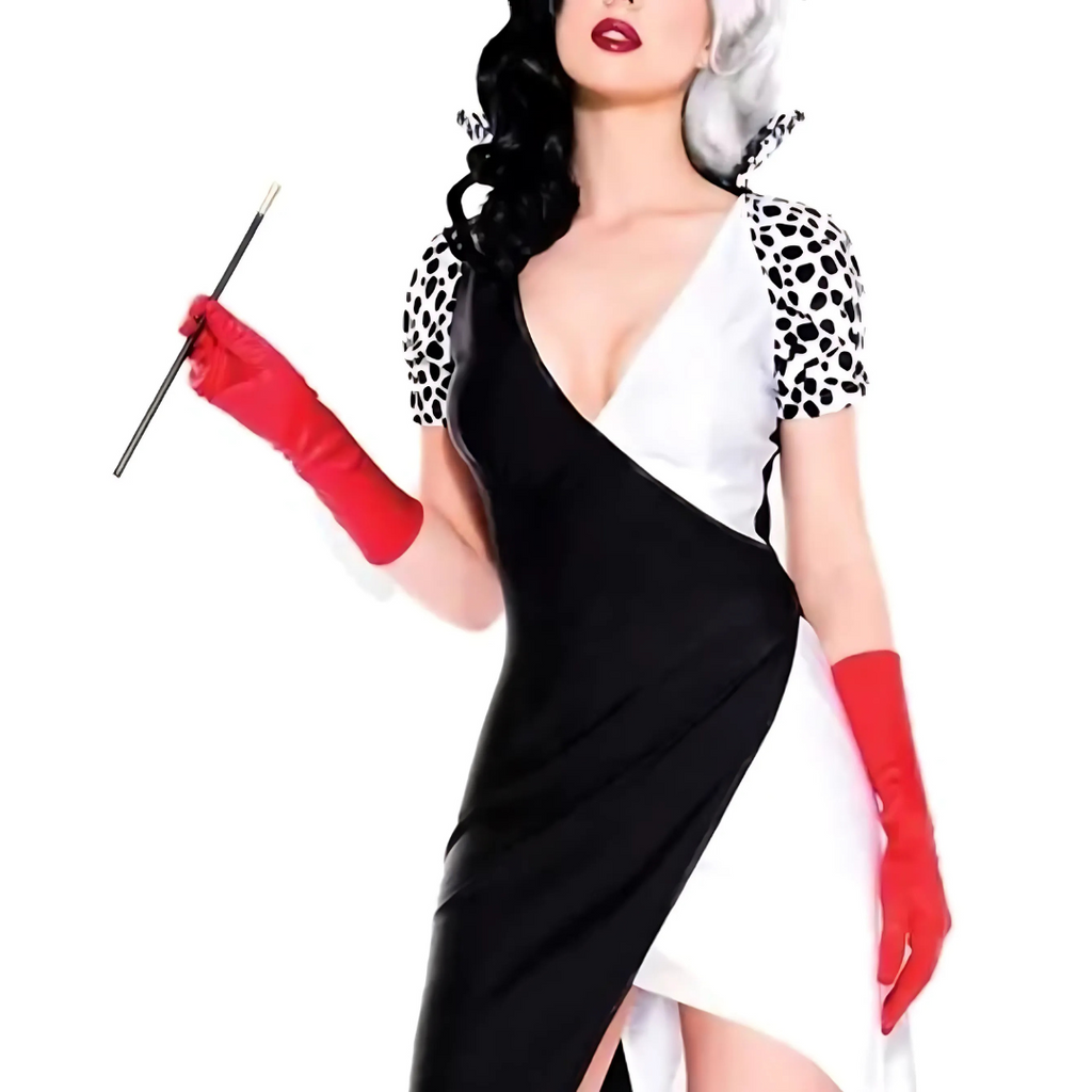Abito da costume di Halloween da cattivo | Design asimmetrico bianco nero