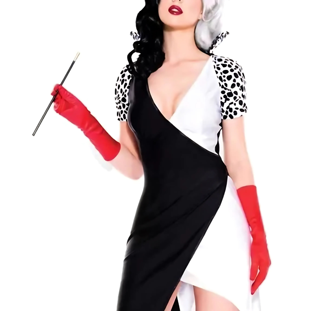 Abito da costume di Halloween da cattivo | Design asimmetrico bianco nero