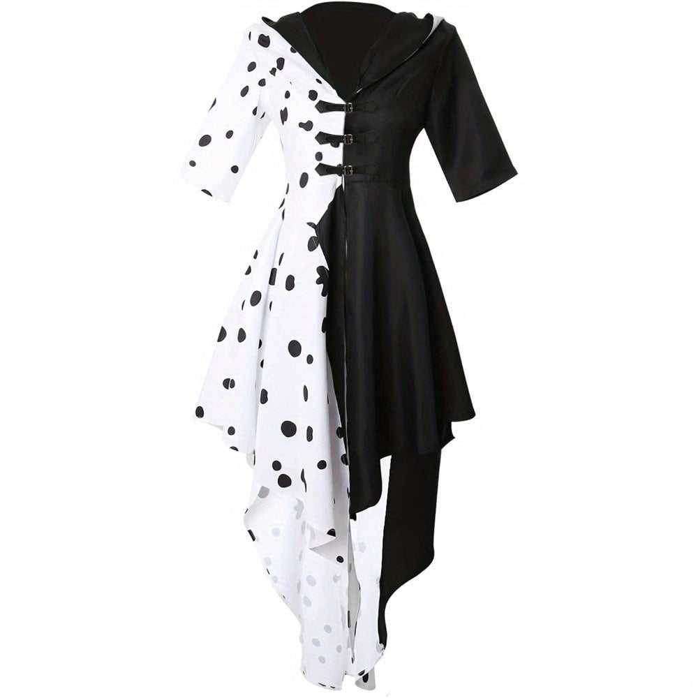 Abito di Halloween Asimmetrico | Design Bicolore Bianco e Nero con Cappuccio