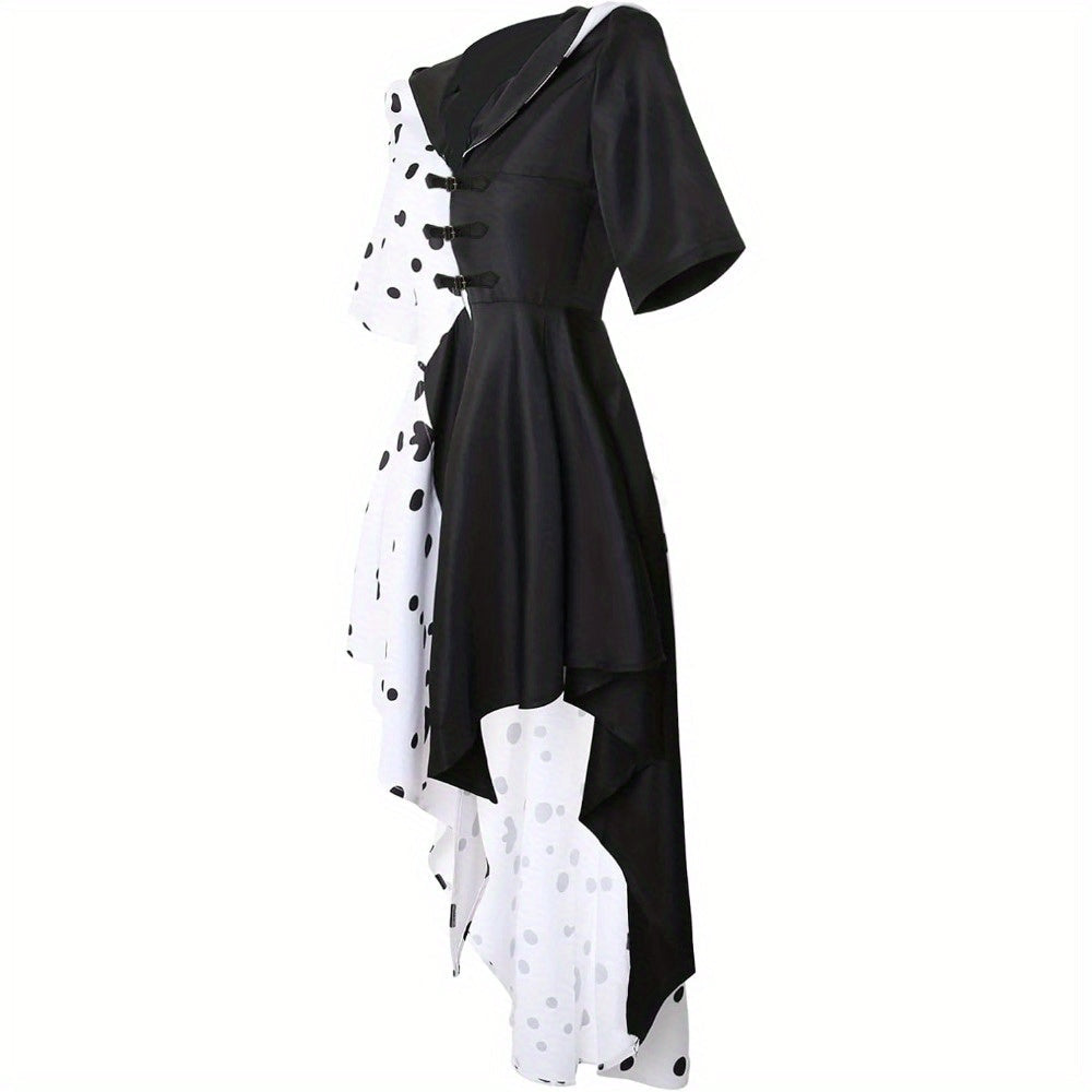 Abito di Halloween Asimmetrico | Design Bicolore Bianco e Nero con Cappuccio