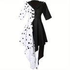 Abito di Halloween Asimmetrico | Design Bicolore Bianco e Nero con Cappuccio