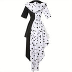 Abito di Halloween Asimmetrico | Design Bicolore Bianco e Nero con Cappuccio
