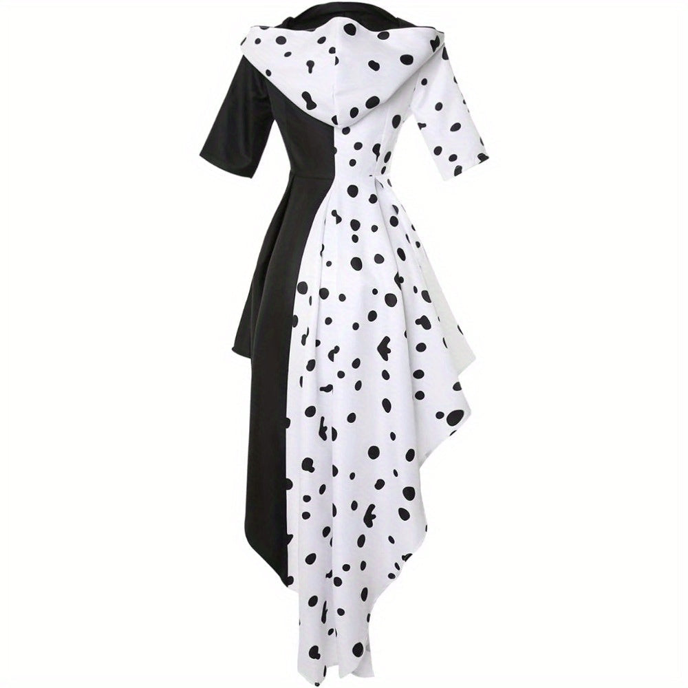 Abito di Halloween Asimmetrico | Design Bicolore Bianco e Nero con Cappuccio