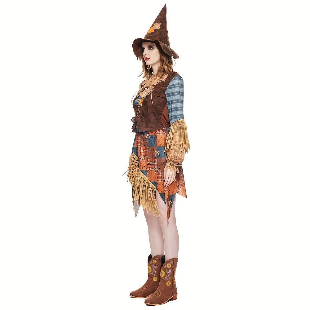 Abito da spaventapasseri di Halloween da donna | Mini costume con spalle scoperte