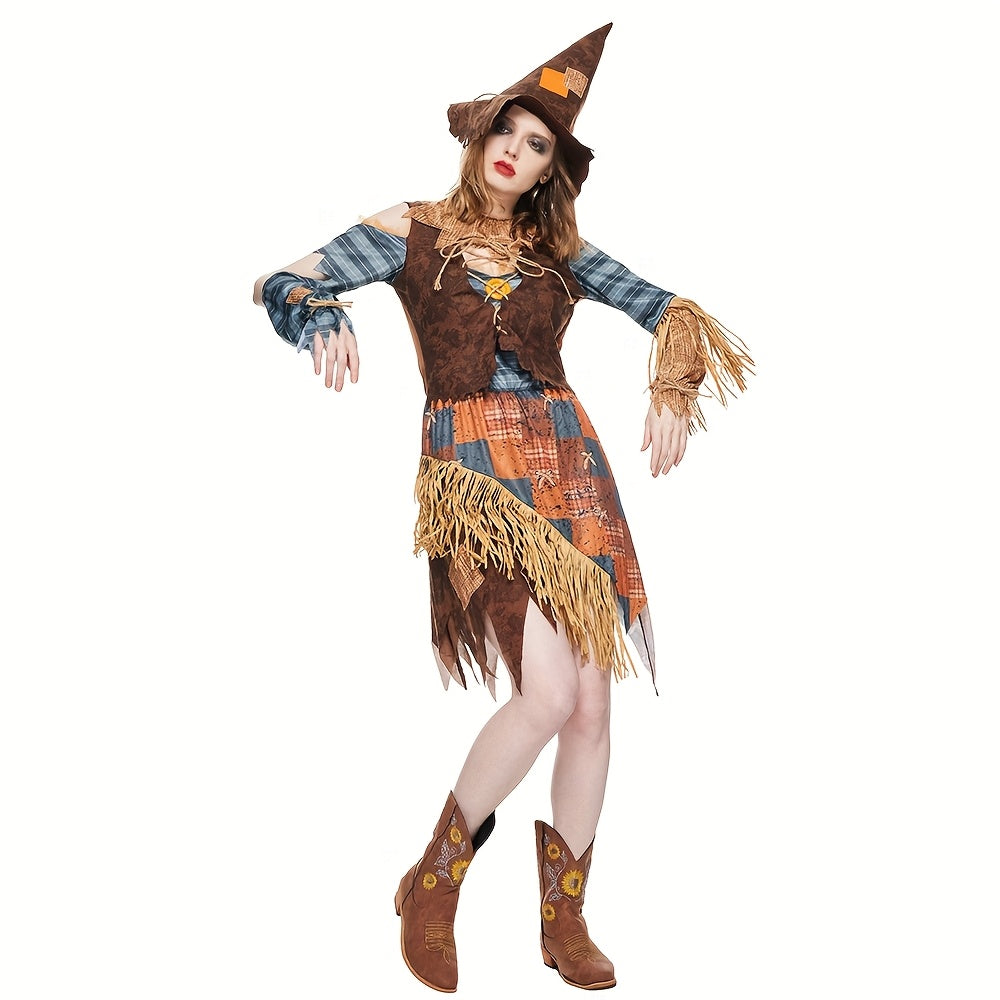 Abito da spaventapasseri di Halloween da donna | Mini costume con spalle scoperte