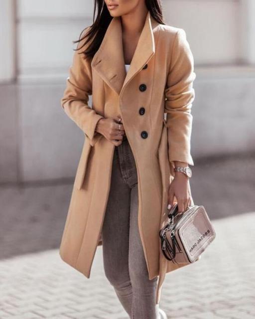 Cappotto lungo classico in misto lana | Design cammello doppiopetto