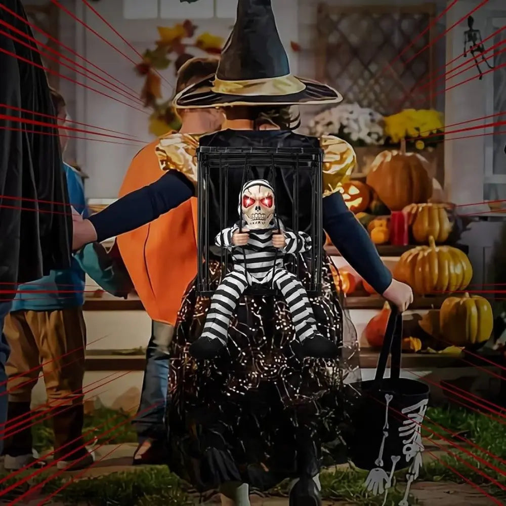 Gruseliger Gefangener in Käfig | Bewegliche Halloween-Deko