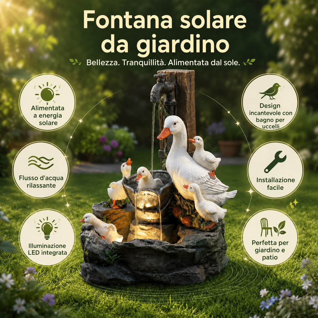Fontana da esterno solare per giardino e bagnetto per uccelli