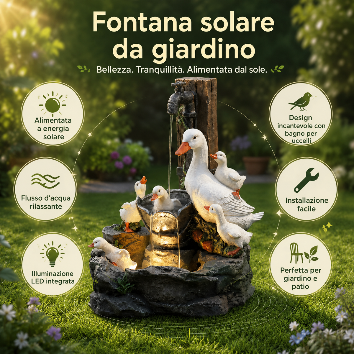 Fontana da esterno solare per giardino e bagnetto per uccelli