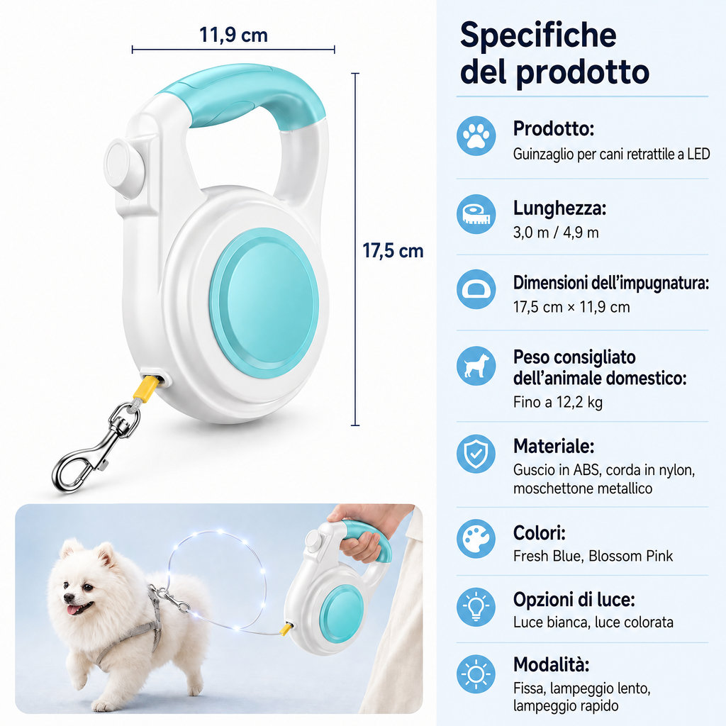 Guinzaglio Retrattile Luminosa Ricaricabile per Cani per Passeggiate Notturne - Aiuta i Cani di Piccola Taglia a Restare