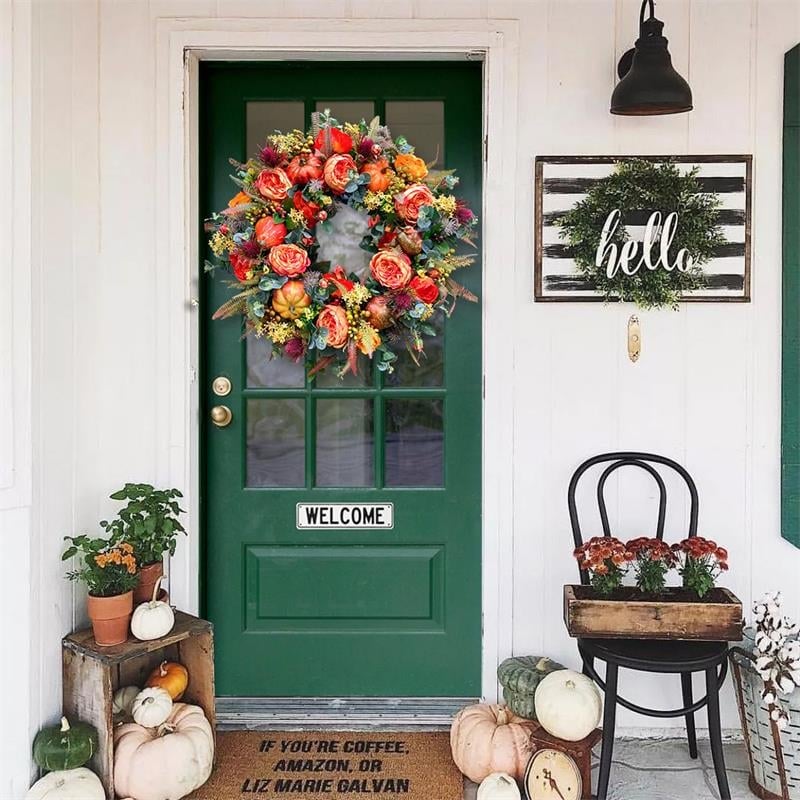 Ghirlanda per porta autunnale | Design rustico con peonia e zucca | Decorazione autunnale artigianale