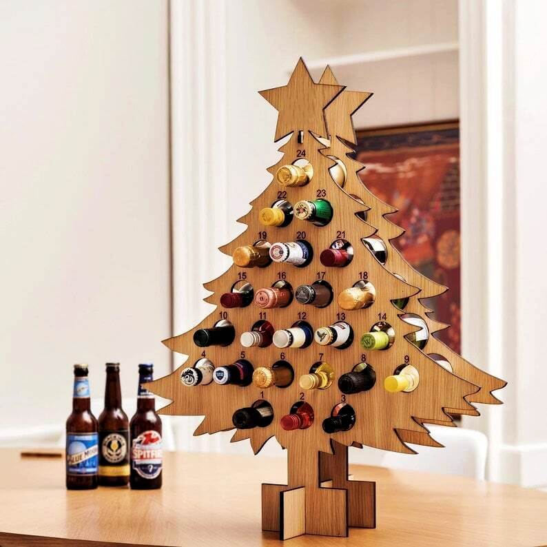 Albero calendario dell’Avvento di Natale | Portabirra e portavino in legno | Betulla riutilizzabile