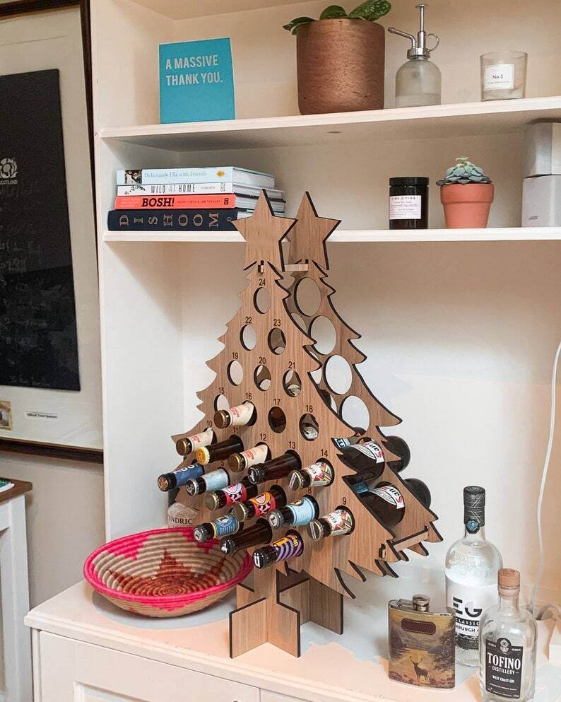 Albero calendario dell’Avvento di Natale | Portabirra e portavino in legno | Betulla riutilizzabile