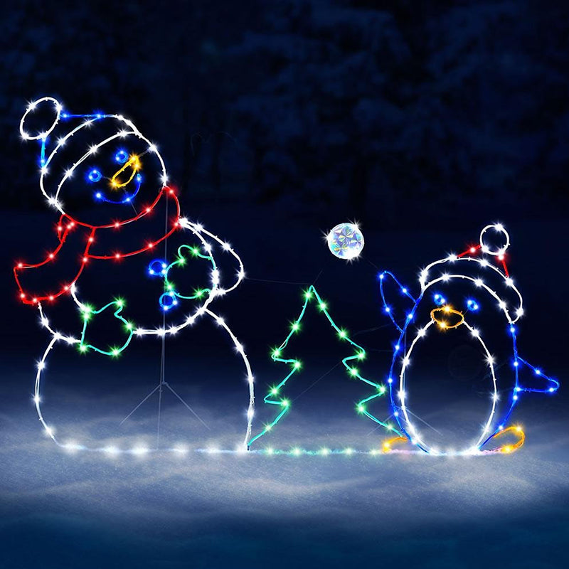 Animated LED Snowball Fight Light | Decorazione natalizia da esterno con pupazzo di neve e pinguino