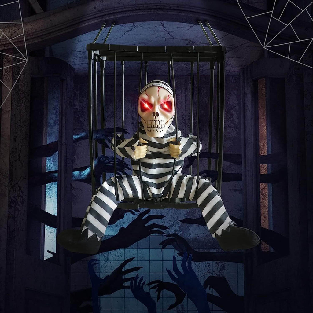 Gruseliger Gefangener in Käfig | Bewegliche Halloween-Deko