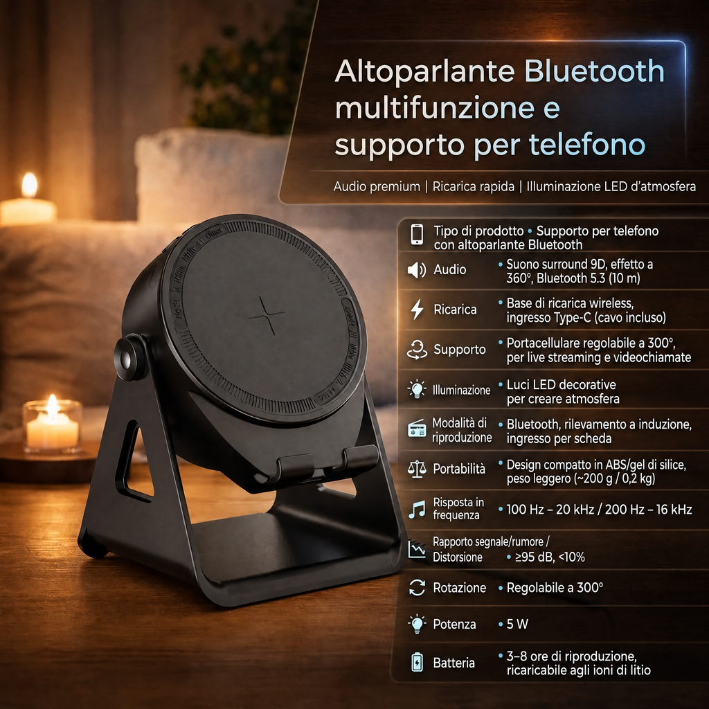 Supporto telefono a induzione con altoparlante Bluetooth e caricatore wireless