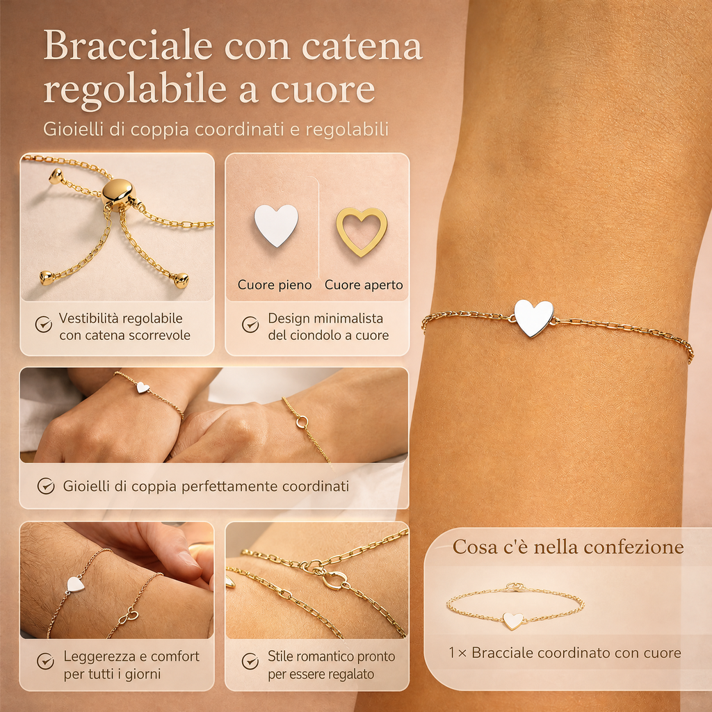 Bracciale regolabile con ciondolo a cuore abbinato per coppia
