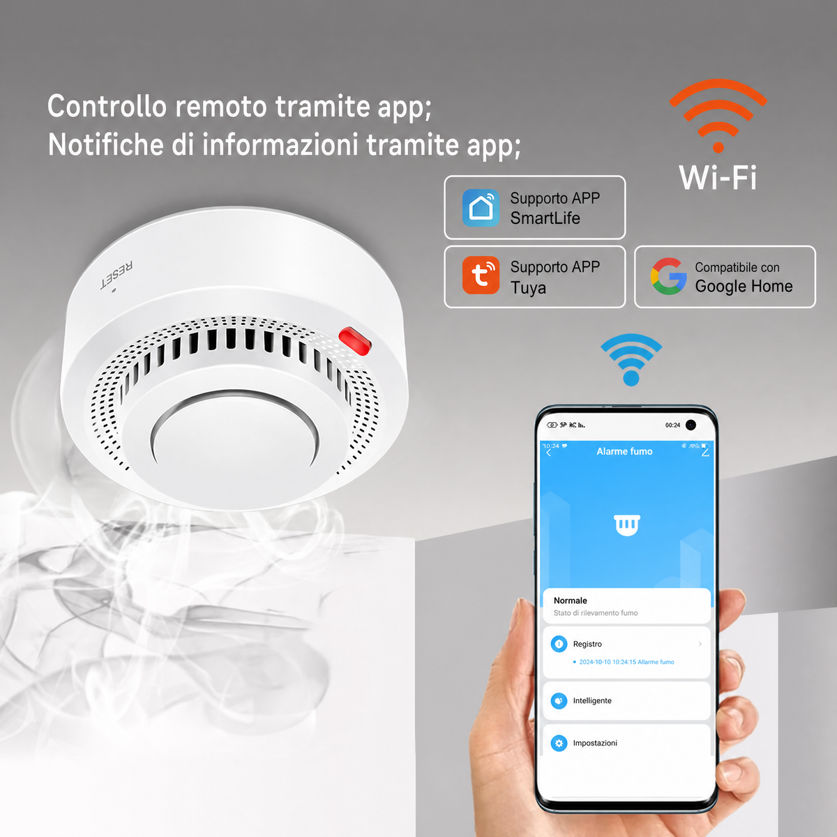 Rilevatore di fumo e calore Smart WiFi con allarme antincendio